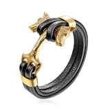 Gold Double Headed Wolf Leather Bracelet - American Wolves