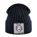 Patched Knitted Wolf Beanie - American Wolves